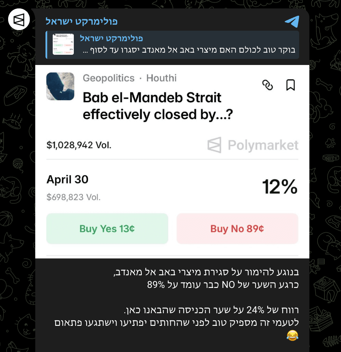 סגירת מצר באב אל-מנדב — עלייה ל-89% הסתברות